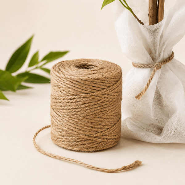 Klos naturel jute touw naast wit vliesdoek dat rond een plant is vastgebonden.
