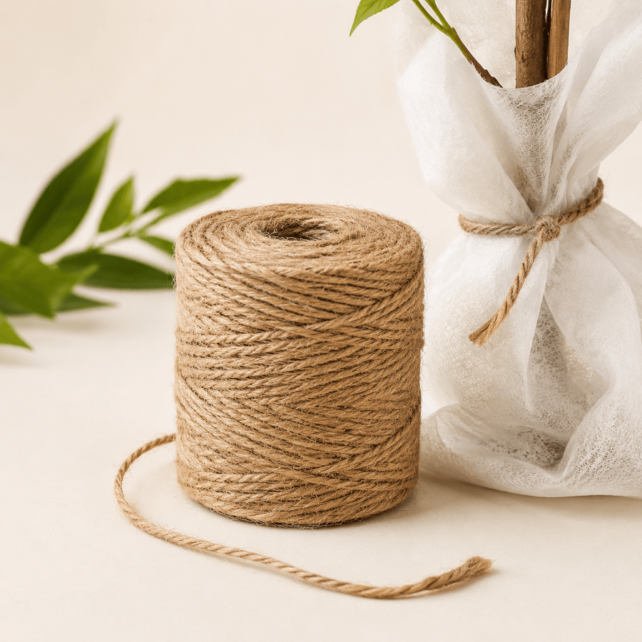Klos naturel jute touw naast wit vliesdoek dat rond een plant is vastgebonden.