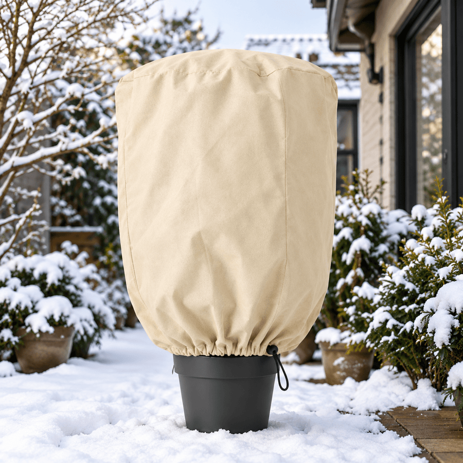 Beige plantenhoes om een potplant in een besneeuwde tuin
