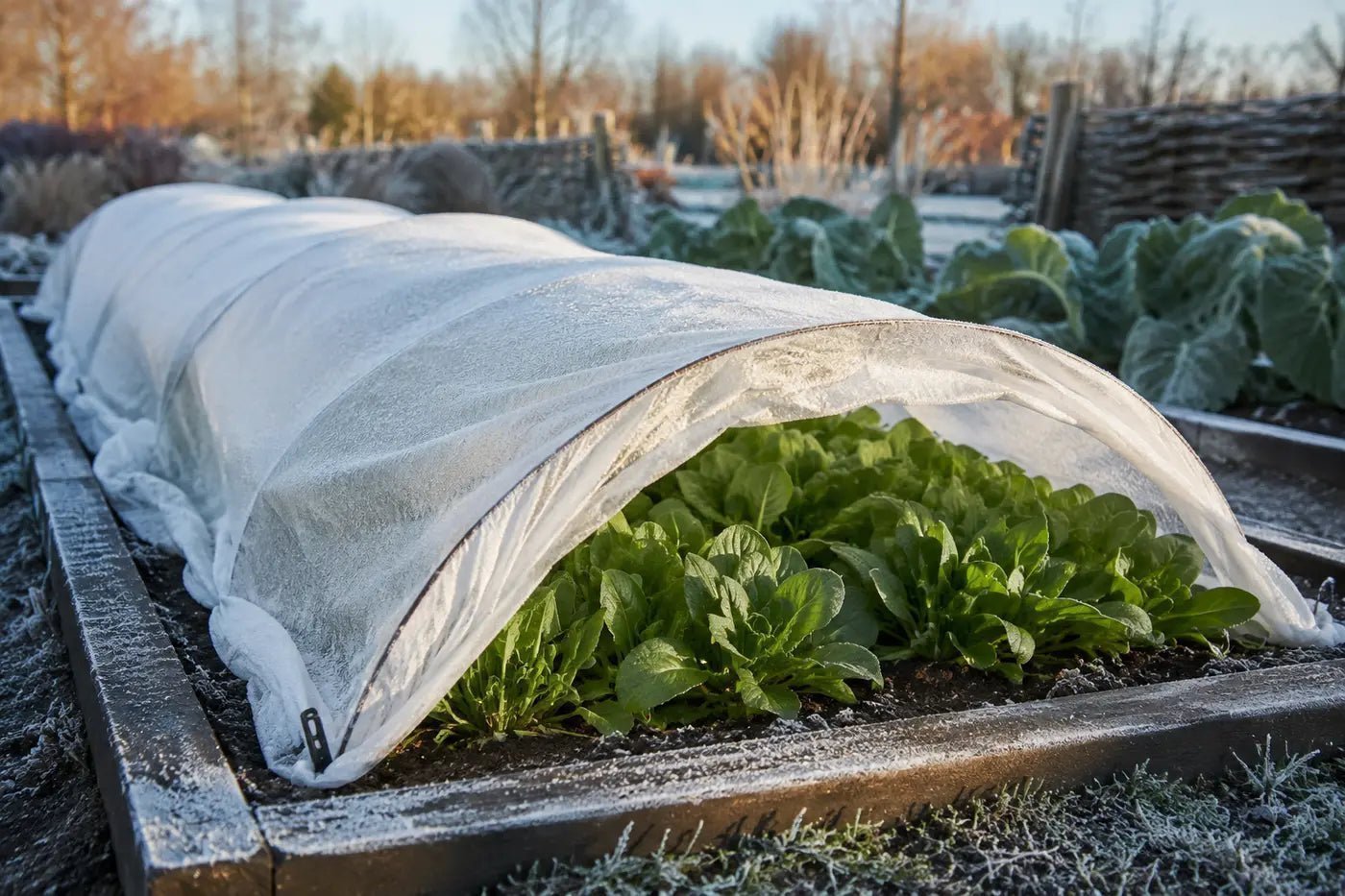 Moestuinbed met wit vliesdoek in de winter