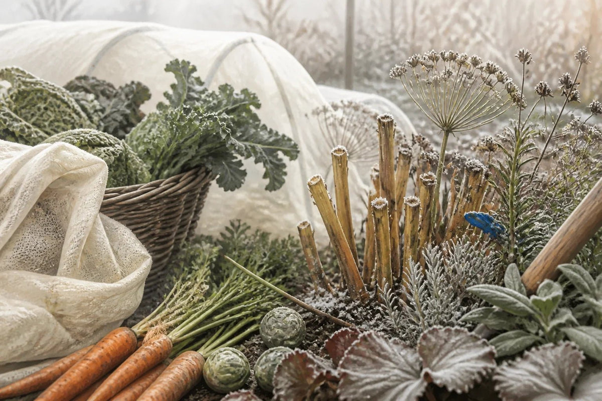 Moestuinbedden in het najaar, deels afgedekt met wit vliesdoek – moestuin winterklaar maken