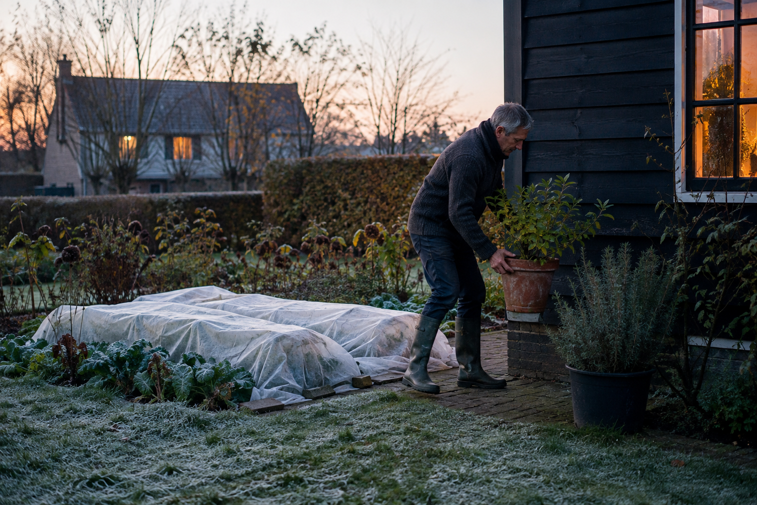 Tuin voorbereiden op de eerste nachtvorst met afgedekt moestuinbed en beschutte potplant