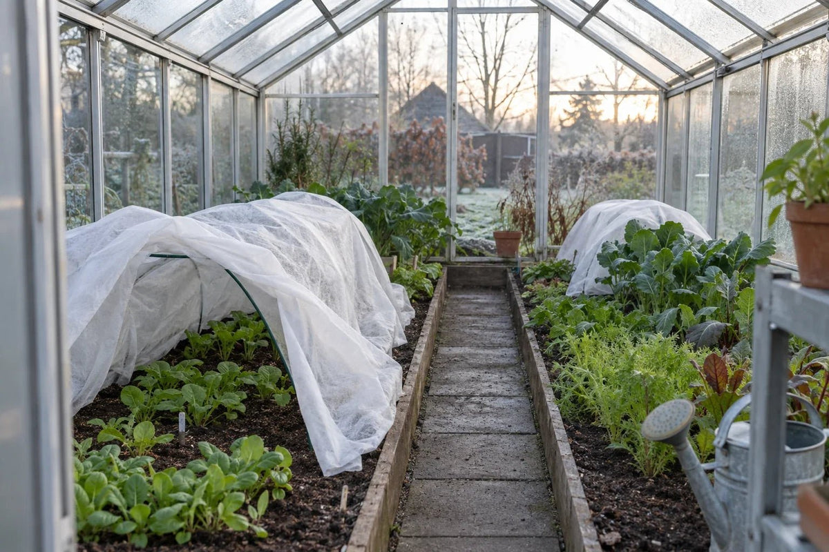 Lage moestuinbedden in een onverwarmde glazen kas, gedeeltelijk afgedekt met wit vliesdoek.