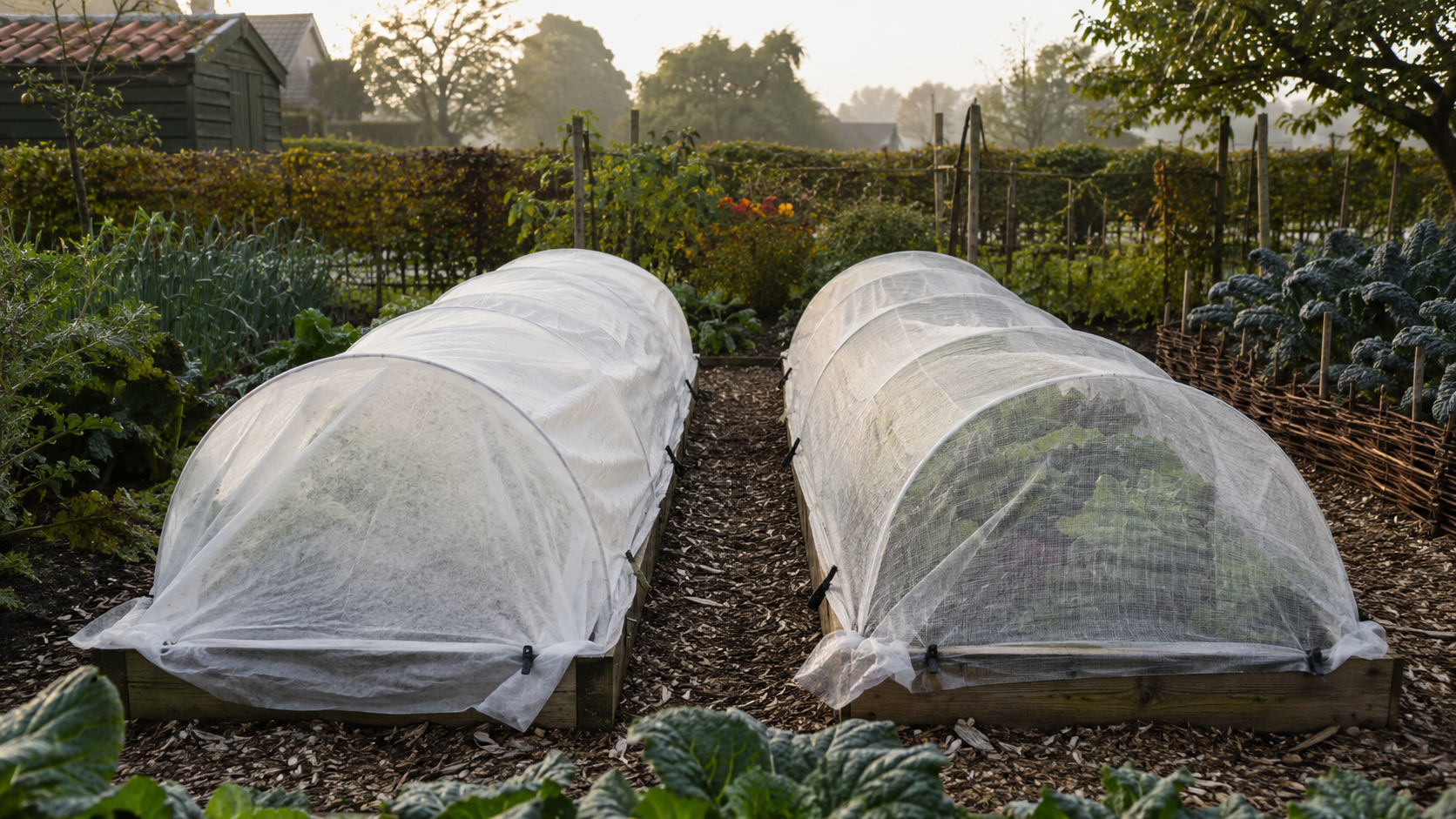 Twee moestuinbedden met links vliesdoek en rechts klimaatdoek over tunnelbogen