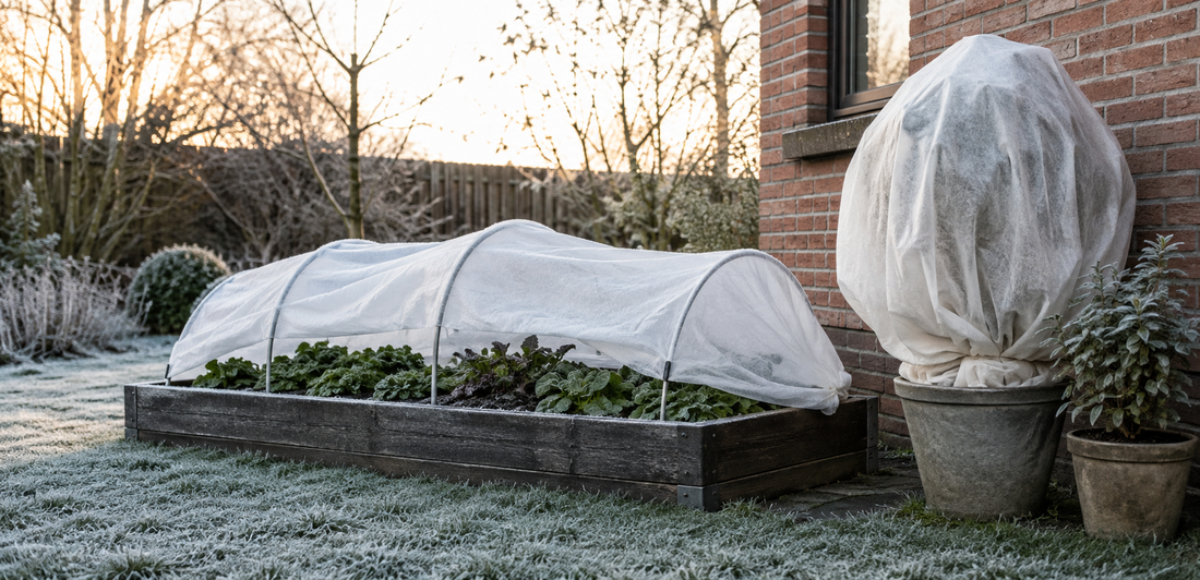 Nederlandse tuin met vliesdoek over een moestuinbed en een beschermde potplant tijdens lichte vorst