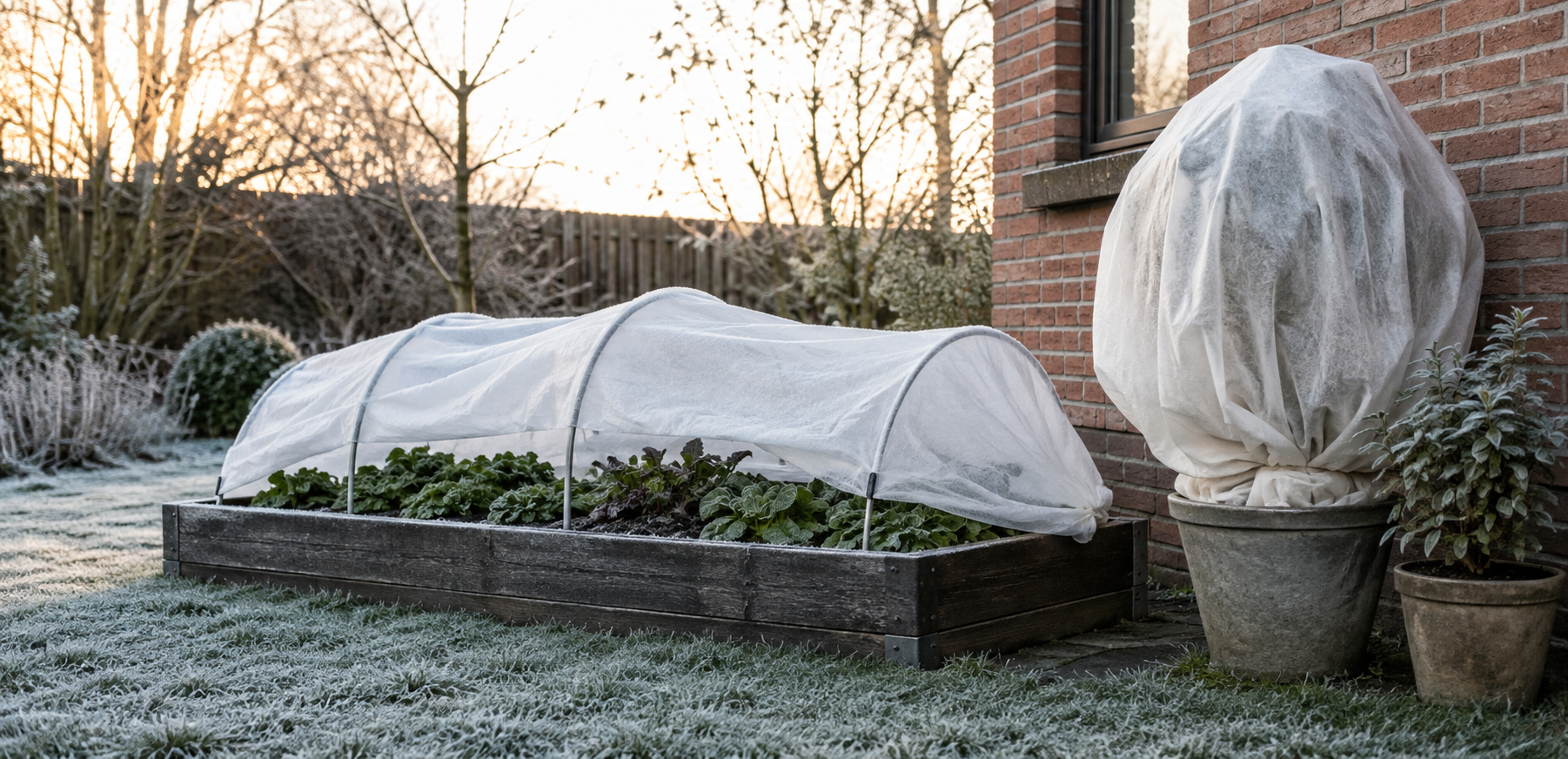 Nederlandse tuin met vliesdoek over een moestuinbed en een beschermde potplant tijdens lichte vorst