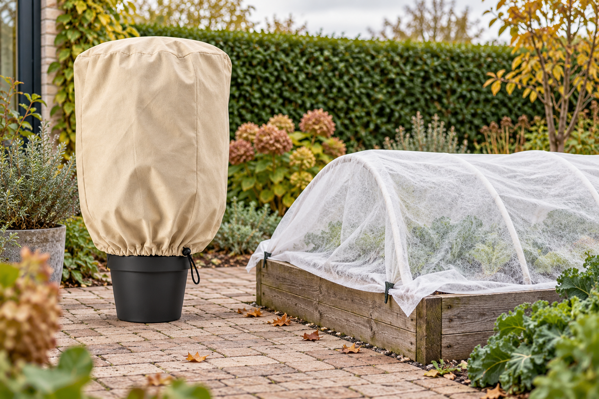Sfeerillustratie: beige plantenhoes bij een potplant en wit vliesdoek over een tuinbed