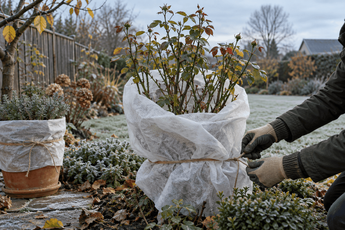 Rozenstruik in een wintertuin die ruim met wit vliesdoek en jute touw wordt beschermd
