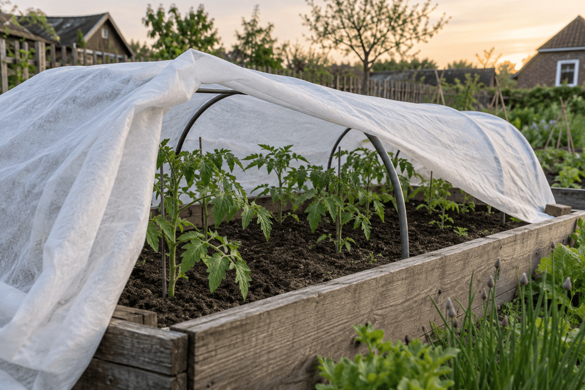 Jonge tomatenplanten onder bogen met gedeeltelijk teruggevouwen wit vliesdoek