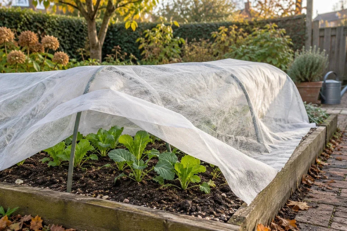 Jonge moestuinplanten onder wit vliesdoek op lage bogen