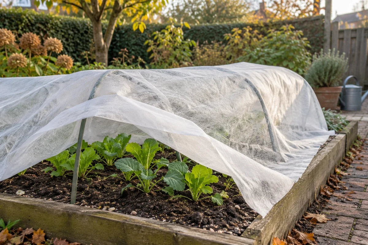Vliesdoek wordt teruggevouwen van een moestuinbed op bogen – wanneer verwijder je het doek