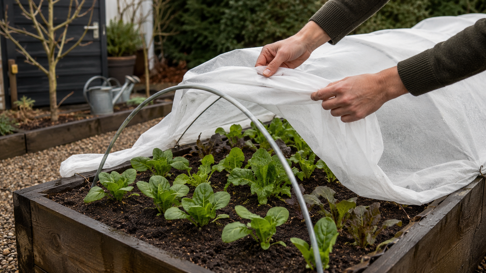 Vliesdoek verwijderen van tunnelbogen boven jonge groenten in de moestuin