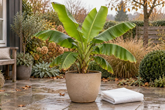 Bananenplant (Musa basjoo) in een beige pot op een herfstterras, opgevouwen wit vliesdoek ernaast