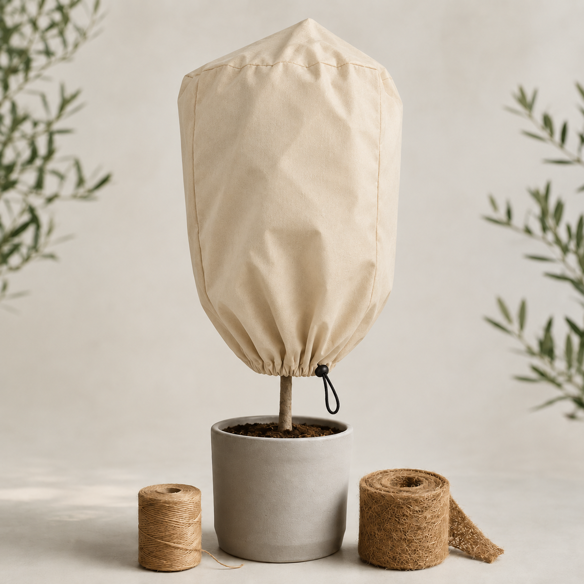 Winterklaar-pakket olijfboom met beige plantenhoes, zwart trekkoord, jute touw en stamband