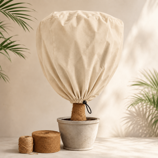 Winterklaar-pakket palmboom met beige plantenhoes, zwart trekkoord, jute touw en stamband