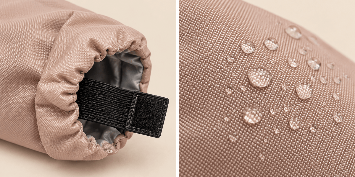 Detail van sluiting en materiaal van beige kraanhoes voor buitenkraan