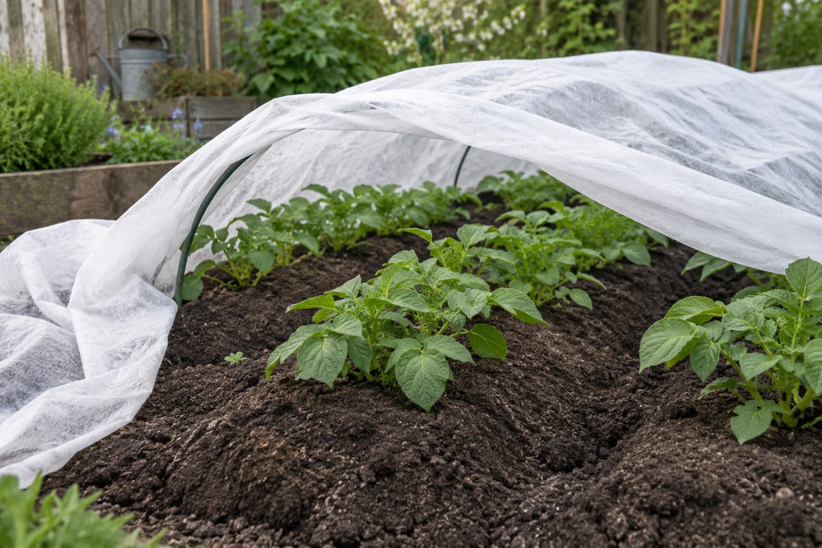 Jonge aardappelplanten in een moestuinbed, met los vliesdoek gedeeltelijk teruggevouwen boven het loof.