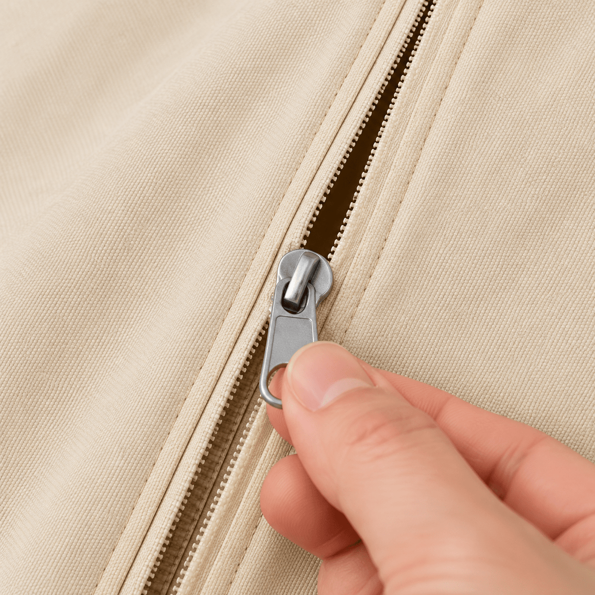 Detail van de ritssluiting van de beige plantenhoes